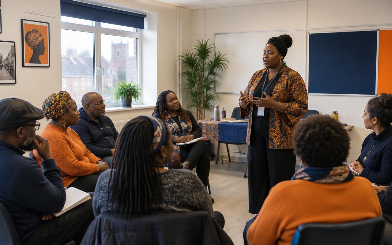 A facilitator speaking with the Wakefield community