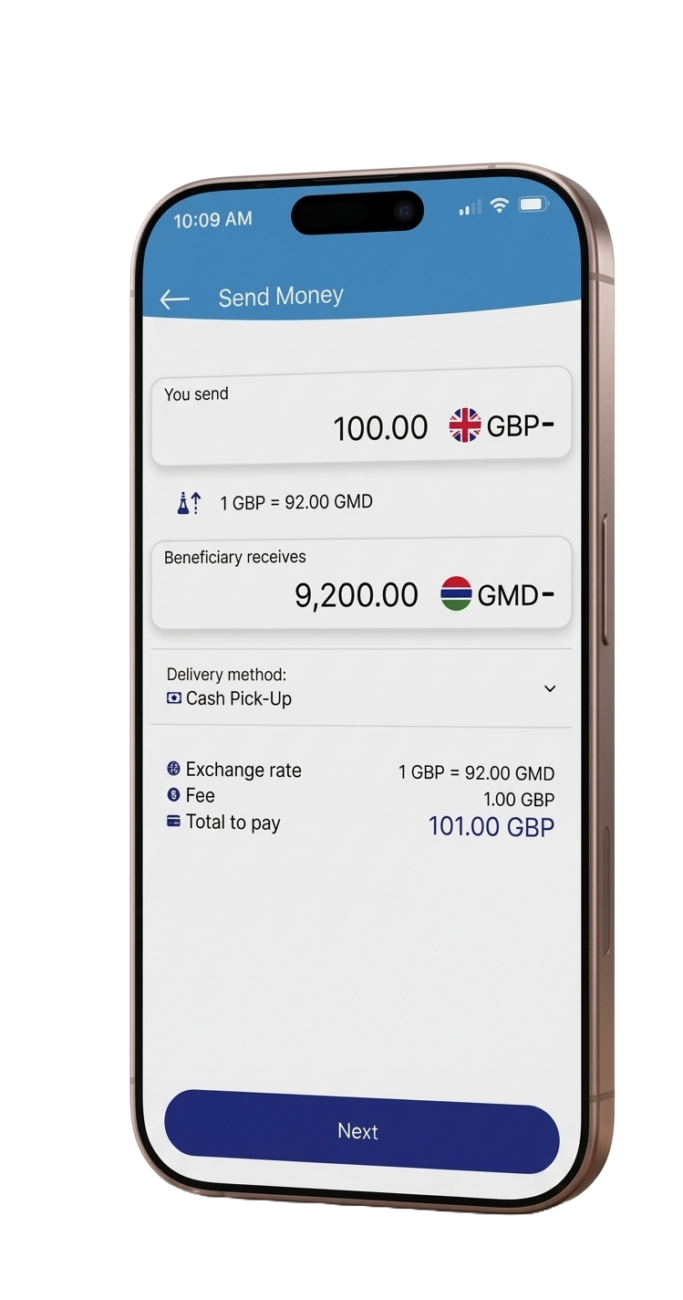 Soni Transfer app showing a transfer from GBP to GMD